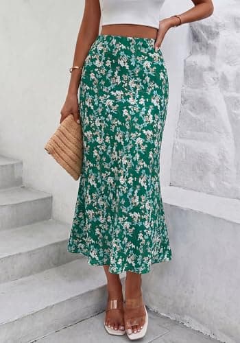 BTFBM Satin Skirts for Women Trendy Spring Summer 2026 High Waisted Leopard Print Cocktail Wedding Long Silk Midi Skirt(Floral Green White, X-Large) - Thumbnail 5