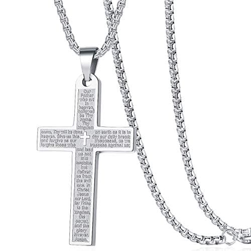 Rehoboth Engraved Bible Verse Our Father Lord's Prayer Cross Pendant Necklace for Men Women 24 Inch Stainless Steel Chain Silver - Image 1