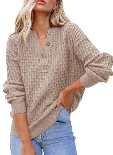 Dokotoo Winter Sweaters for Women Autumn Fashion Button Casual Sweater Trendy Long Sleeve V-Neck Jumper Soft Chunky Knitted Outwears Khaki Tops Large - Image 1
