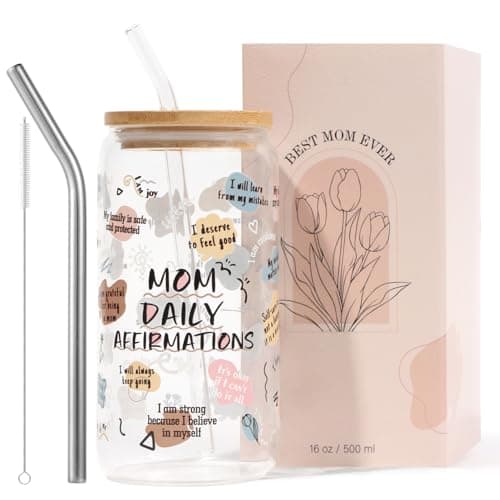 Celebloom Gifts for Mom, Mama Daily Affirmations Glass Cup with Lid and Straw for Mothers Day Gifts for Boy Mom, Girl Mama, Mommy Tumbler Valentines Christmas Presents for Women 16oz - Image 1