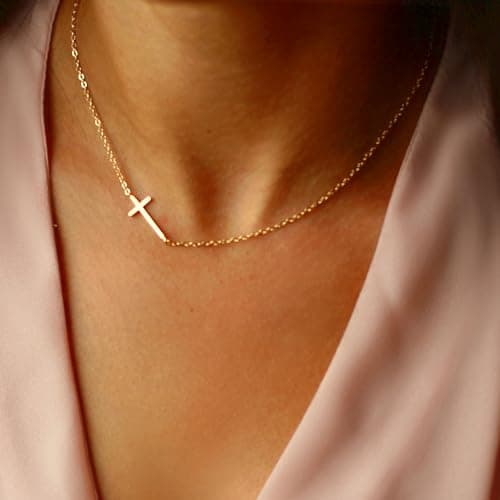 JNZSSWHJJH Gold Cross Necklace for Women - 18K Gold Plated Sideway Cross Necklace Dainty Gold Necklace for Women Gold Jewelry Easter Basket Essentials Stuffers Christian Religious Christmas Gifts - Thumbnail 2