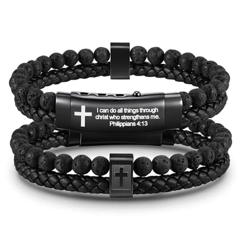 FLHEART Men's Christian Cross Black Leather Bracelet Gifts for Men, Double-Row Braided Leather Cross Bracelet Bible Verse Agate Onyx Beaded Bangle Gifts for Son Grandson Husband Boyfriend Brother - Image 1