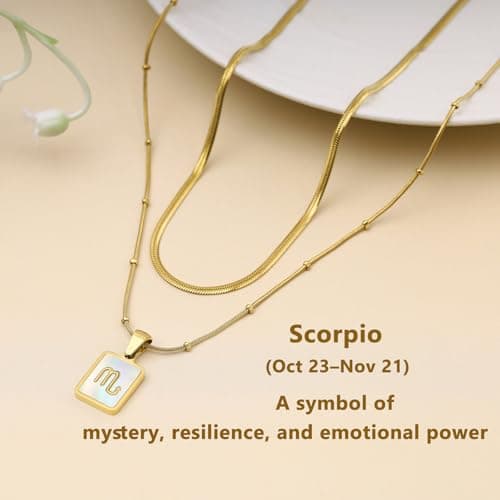 LETFLY Scorpio Zodiac Gold Necklace Stack for Women, 18K Gold Plated Square Shaped Pendant with Adjustable Layered Snake Chain for Women Jewelry Gifts - Thumbnail 5