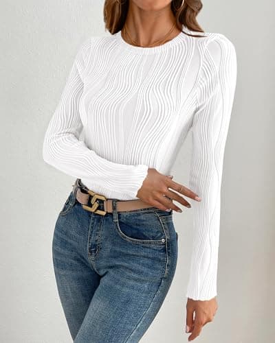 PRETTYGARDEN Women's Tops 2026 Spring Fashion Long Sleeve Crewneck Blouse Fitted Textured Basic Knit T Shirt Y2k Clothes(White,XX-Large) - Thumbnail 6
