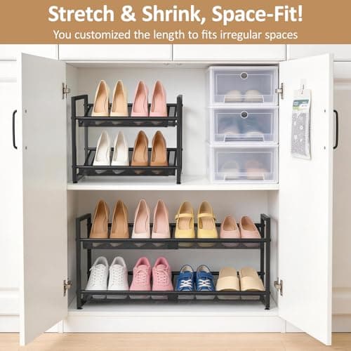Expandable Shoe Rack, 2 Tier Adjustable Shoe Organizer with Flat & Slant Dual Use Design, Space Saving Shoes Stand for Closet & Entryway, Sturdy Dense Metal Grid Shoe Holder for High Heels, Sneakers - Thumbnail 2