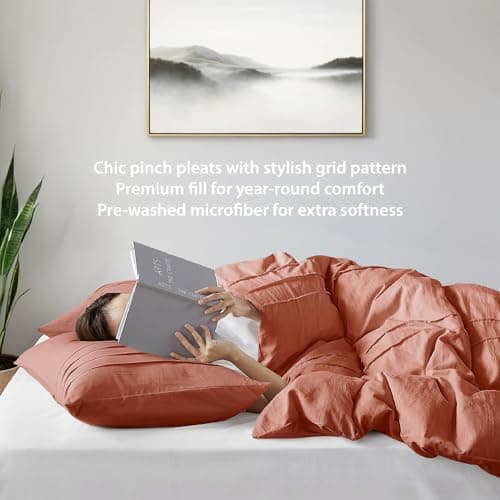 Regency Heights Queen Size Comforter Set Orange, 3 Pieces Bedding Set, Ultra Soft Prewashed Bed Set, Pinch Pleat All Seasons Lightweight Comforter and Shams - Thumbnail 4