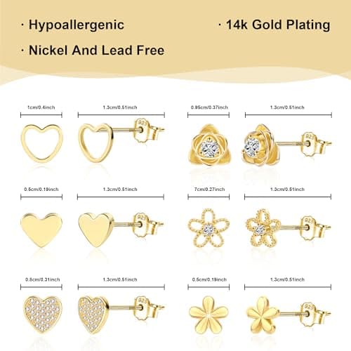 ALEXCRAFT Small Gold Stud Earrings for Women Cubic Zirconia Earring Studs Cute 14k Gold Plated Heart Flower Earing Pack 6 Pairs - Thumbnail 4