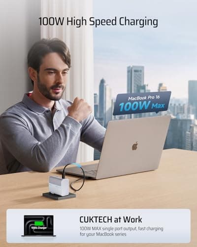 CUKTECH 100W GaN USB C Fast Charger, 3-Port Wall Charger, Compact Fast Charging Block, Foldable Power Adapter for MacBook Pro/Air, iPhone 17/16/15, Galaxy S24, Pixel, Steam Deck, with 240W Cable - Thumbnail 2