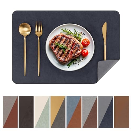 SHACOS Faux Cowhide Leather Placemats Set of 4, Wipeable Heat Resistant Table Mats, Stain Resistant Double Sided Reversible PU Place Mats for Dining Table Kitchen Restaurants, Navy Blue and Gray - Image 1