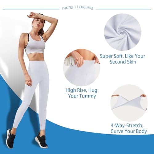 High Waisted Leggings for Women - No See Through Compression Yoga Pants with Pockets Reg & Plus A-White - Thumbnail 3