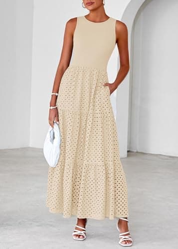 Lazysmile Womens Summer Dresses Crewneck Sleeveless A-Line Hollow Out Eyelet Tiered Tank Maxi Dress Sundress with Pockets - Thumbnail 3