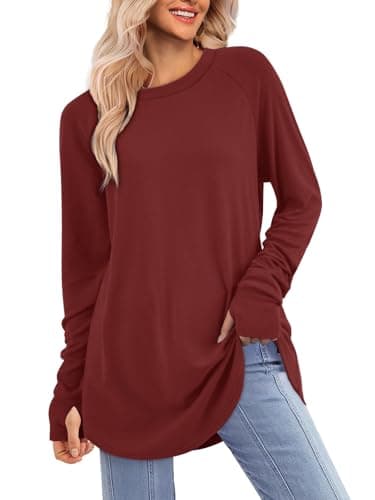 ATHMILE Womens Tunic Tops Long Sleeve Thumb Hole Shirts Fall Sweater Crew Neck Winter Fashion Clothes 2025 Wine Red - Image 1