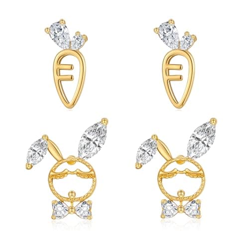 FILMOON 2 Pairs Easter Bunny Carrot Earring Set Cute Dainty Gold Plated Studs Lightweight Easter Rhinestone Jewelry - Image 1