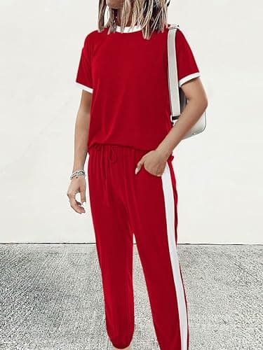MASCOMODA Womens 2 Piece Outfits 2026 Summer Tracksuit Sets Short Sleeve Tops Travel Long Pants Jogger Lounge Set(Red,Large) - Thumbnail 2