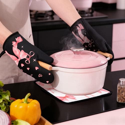 Vetoxka 8 Pcs Cute Pink Bow Kitchen Towels and Dishcloths Sets Oven Mitts Pot Holders Set Valentines Day Absorbent Decor Accessories Gloves Potholders Heat Resistant for Chef Baking Cooking Home Gifts - Thumbnail 6