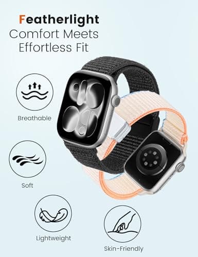 Crodi 2 Packs Nylon Loop Sport Bands Compatible with Apple Watch Band 38/40/41/42mm Women Men, Strong Magnetic Adjustable Straps for iWatch Series 11 10 9 8 7 6 5 4 SE/Ultra 3 2 1, Black&Starlight - Thumbnail 3