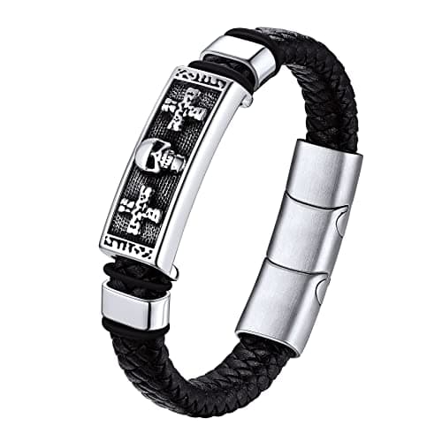 Bestyle Punk Mens Leather Skull Bracelets for Men Cool Stainless Steel Sketelon Cross Braided Leather Cuff Bracelets with Clasp Adjustable, Men Fashion Wrist Jewelry, Size 21-23cm - Image 1