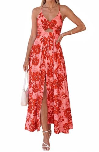 BTFBM Summer Dresses for Women 2026 Spring Floral Spaghetti Strap Smocked Cutout Maxi Dress Resort Beach Vacation Outfit(Floral Watermelon Red, X-Large) - Thumbnail 2