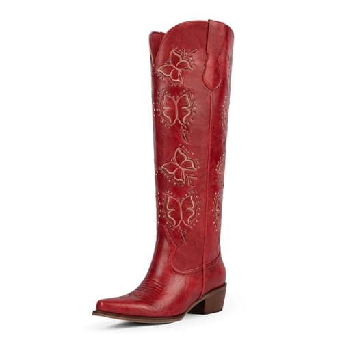 Easyfox Red Cowgirl Boots Women Butterfly Embroidered Knee High Cowboy Boots for Women Chunky Heel Rhinestone Western Boot Pointed Toe Slip on Cow Boy Boot Size 9.5 - Image 1