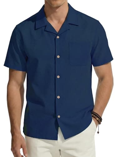PJ PAUL JONES Mens Linen Shirt Short Sleeve Cotton Hawaiian Button Up Shirts for Men Casual Cuban Summer Beach Shirts with Pocket Navy Blue - Image 1
