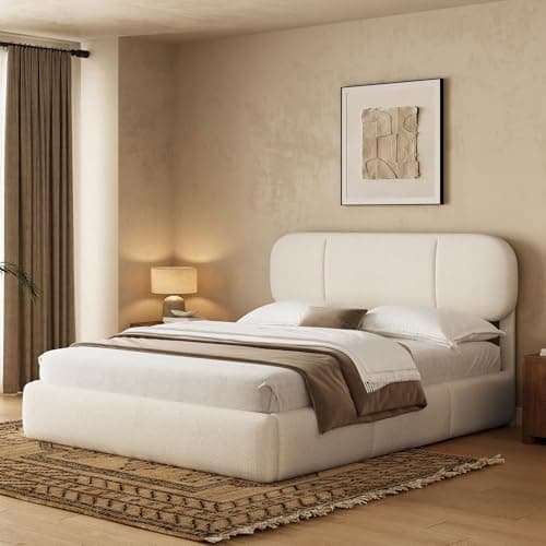 Uteeran Queen Size Bed Frame with Storage, Boucle Cloud Bed with 4 Locking Drawers & LED Lights, Modern Upholstered Platform Bed, Plush Sides & Footboard, Adjustable Headboard, No Box Spring, Beige - Image 1