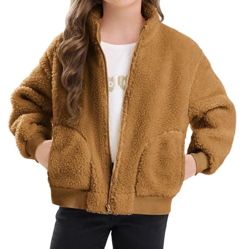 Stelle Girls Sherpa Jacket Fall Fleece Coat Full Zip Winter Fuzzy Outerwear with Pockets for 4-5 Years(Chestnut, XS) - Image 1