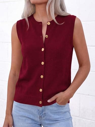 BTFBM Sweater Vest Women Casual Crewneck Loose Button Down Knit Sleeveless Cardigan 2026 Spring Clothes Summer Vest Tops(Burgundy, Small) - Thumbnail 5