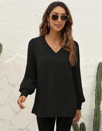 GAMISS Long Sleeve Top for Women Swiss Dot Shirt V Neck Knit Blouse Basic Shirt Black, XXL - Thumbnail 2