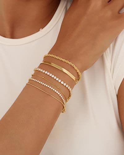 Gold Bracelets for Women 14K Gold Plated Stack Trend Bracelets Charm Paperclip Chain Cuban Link Layered Waterproof Bracelet Dainty Bracelet for Women Jewelry Gifts (6Pcs Gold) - Thumbnail 2