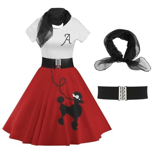 ZEZCLO Women's Retro Poodle Print Skater Dress Vintage High Waist Rockabilly Swing Tee Cocktail Party Dresses Red M - Image 1