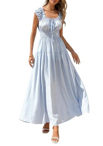 PRETTYGARDEN Boho Maxi Dresses for Women 2026 Summer Floral Wedding Guest Dress Resort Wear Spring Long Flowy Beach Sundress (Blue Striped,Large) - Image 1