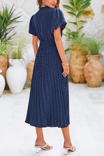 PRETTYGARDEN Summer Long Dresses for Women Puff Short Sleeve V Neck Swiss Dot Pleated A Line Casual Flowy Party Midi Dress (Navy,Large) - Thumbnail 6
