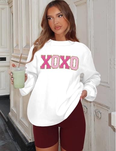 LETSEE Women Valentines Lover Sweatshirt Glitter Patch Lover Letter Pullover Tops Chenille Patch Oversized Clothes(White, Large) - Thumbnail 3