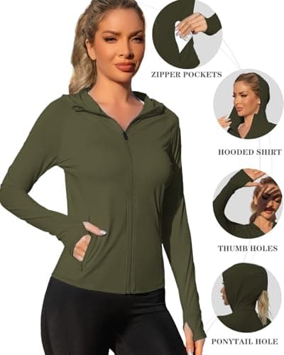 We1Fit Women's Athletic Hoodie Jacket Sun Shirt UPF 50+ UV Protection Long Sleeve Summer Clothing Workout Shirts Army Green - Thumbnail 5