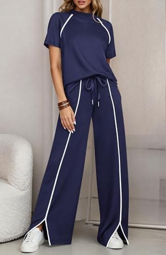BTFBM Casual Two Piece Sets For Women Summer Outfits Solid Matching Sweatsuit Lounge Set Wide Leg Pants Workout(Navy Blue,Small) - Thumbnail 2