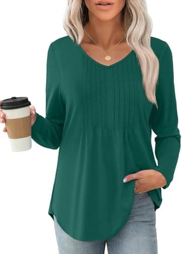 JUSTFASHIONNOW Long Sleeve Shirts for Women Fall Tops Pleated Plus Size Ladies Dressy Casual Blouses V Neck Christmas Loose Fit Tunic Tops to Wear with Leggings (Dark Green, X-Large) - Thumbnail 4