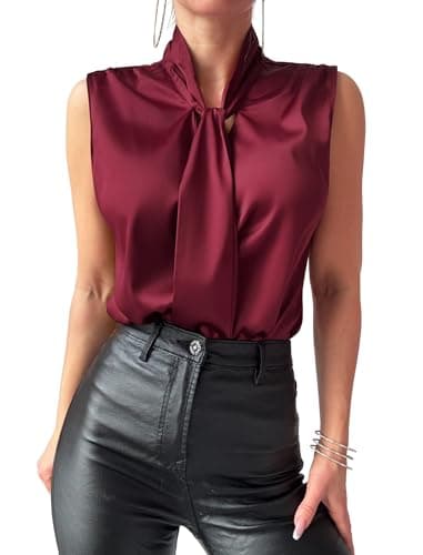 ZAFUL Women's Silk Satin Tank Tops Bow Tie Knot Mock Neck Casual Sleeveless Blouses Summer Basic Tanks Shirt Wine Red XL - Image 1