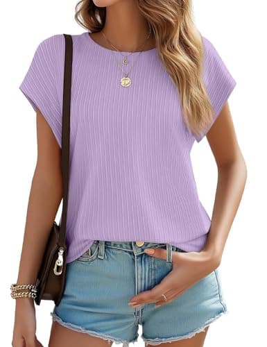JUSTFASHIONNOW Short Sleeve Blouses for Women Business Casual Shirts Crew Work Tops Neck Basic Tees Textured Cute Office Outfits(Purple,S) - Image 1