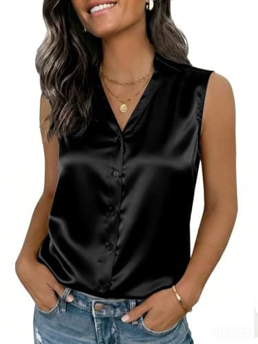 Funlingo Black Silk Tank Tops for Women Dressy Casual Sleeveless Shirts Satin V Neck Camisole Blouses Business Casual Basic Work Outfits XL - Image 1