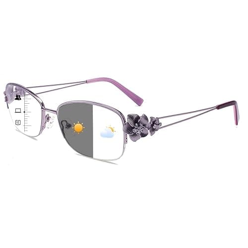 touk Photochromic Progressive Multifocal Reading Glasses for Women, Stylish Half Rim Metal Frame Anti Blue Light Sun Readers 1 Pack Purple +1.5 - Image 1