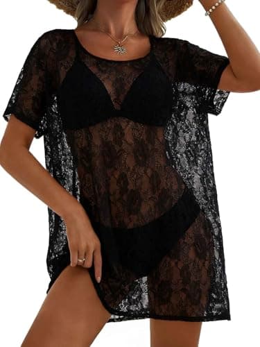 Women's Round Neck Lace Beachdress Coverup, Elegant Floral Swim Coverup, Side Slits Black - Image 1