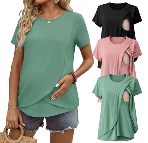 Ekouaer Nursing Shirts 3 Packs Short Sleeve Breastfeeding Tops Summer Maternity T Shirts Postpartum Double Layer Clothes Black/Aqua/Pink M - Image 1