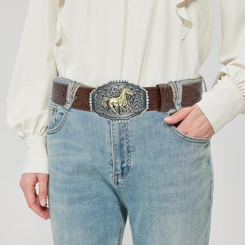 EONTISO Western Belt for Women Cowgirl Cowboy PU Leather Belts for Jeans, Floral Embossed Vintage Buckle, HorseBrown S - Thumbnail 2