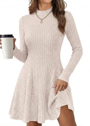 KIRUNDO Sweater Dress for Women 2026 Spring Fall Long Sleeve Mock Turtleneck A Line Fit and Flare Ribbed Knit Short Dresses(Beige, XX-Large) - Image 1
