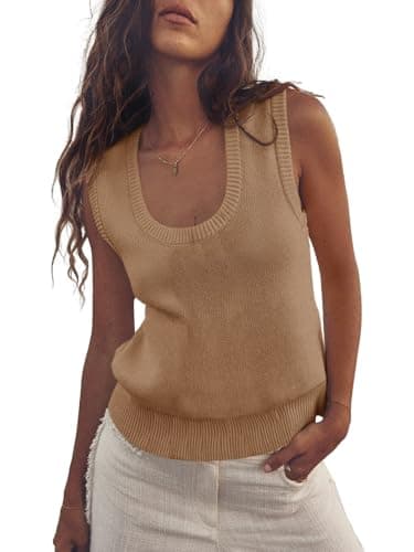 Saodimallsu Womens Summer Sweater Vest Sleeveless Ribbed Knit Tank Tops Going Out Casual Basic Scoop Neck Tshirt Light Brown - Image 1