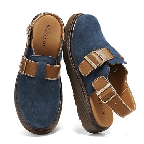 KYIKHOR Women's Suede Leather Loafer Slip-Ons|Genuine Suede Clogs for Women|Comfort Footbed Leather Mules Potato Shoes with Back Strap|Cute Office Casual Dress Shoes Blue,6 M US - Image 1