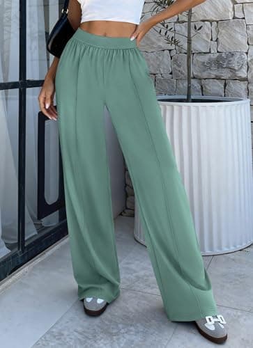 BTFBM Palazzo Pants for Women 2026 Spring Summer Casual Lounge Pants High Waist Flowy Trousers Baggy Wide Leg Pants(Bean Green, Large) - Thumbnail 2