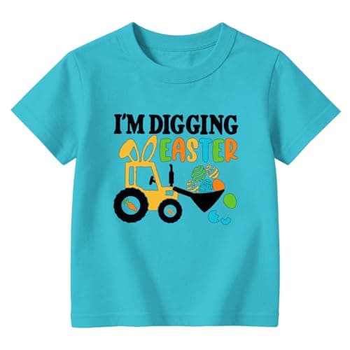 Vrytw Happy Easter Shirt Kids-Easter Shirt for Toddler Boys Cute Egg Excavator Toddler Short Sleeves A-Blue - Image 1