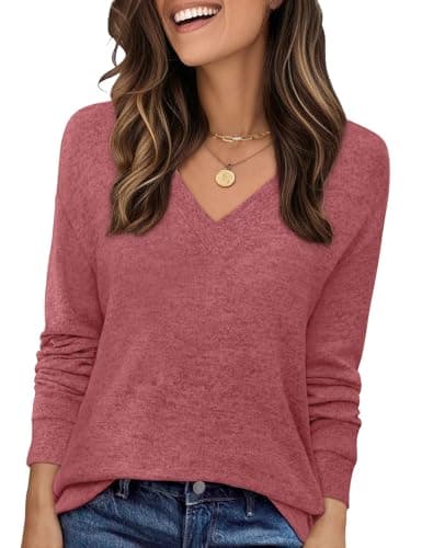 JUSTFASHIONNOW Shirts for Women V Neck Long Sleeve Tunic Tops Business Casual Blouses Ladies Plus Size T Shirts Lightweight Dressy Sweaters Winter Tops (Red,Large) - Image 1