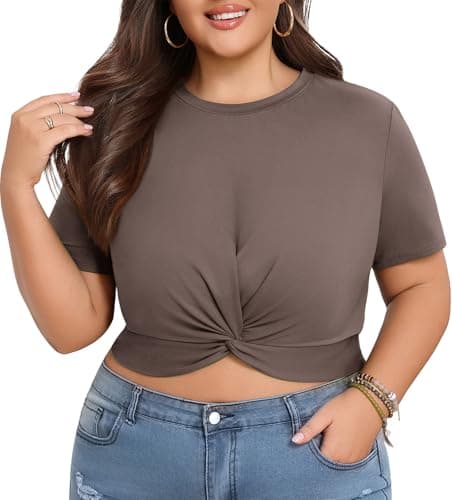 Lastshe Women's Plus Size Summer Crop Tops Short Sleeve Blouses Tie Front Tee T-Shirt Outfits,Brown,1X - Thumbnail 2